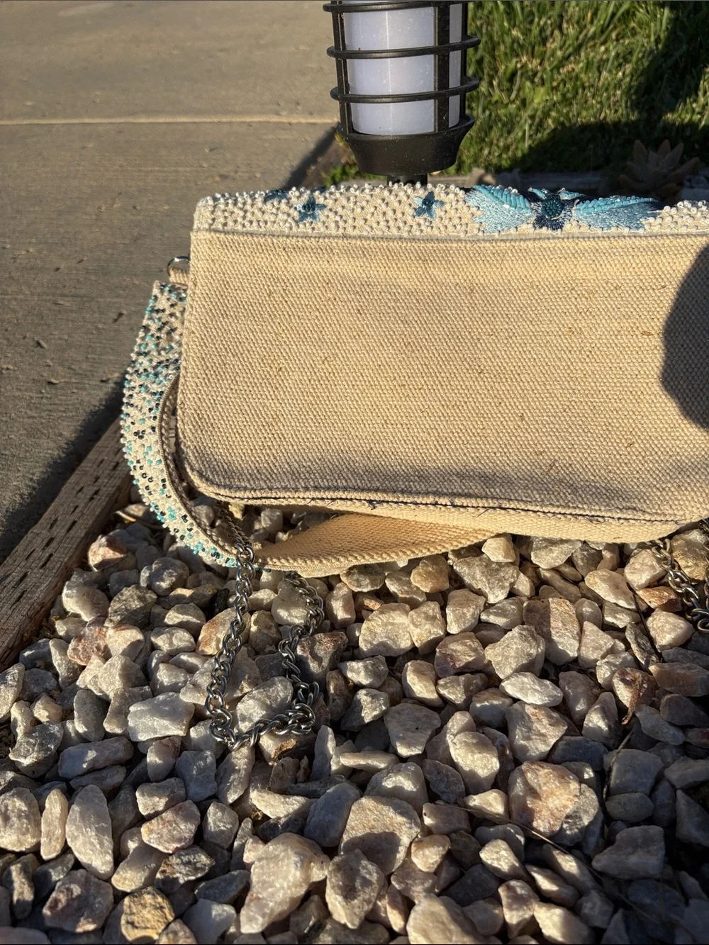 Beaded Palm Embroidered Clutch in Cream and Blue